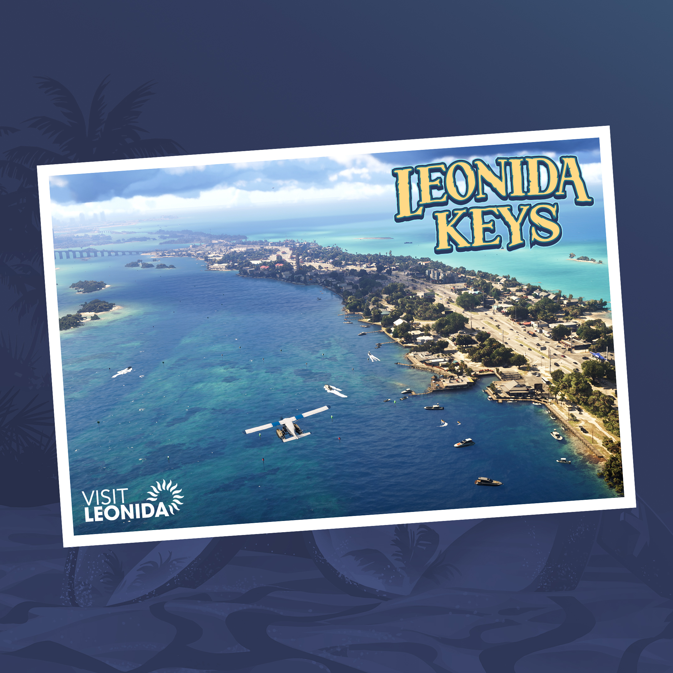 Official Rockstar postcard artwork of the Leonida Keys, turquoise beaches and palm trees, from the GTA 6 promotional artwork series.