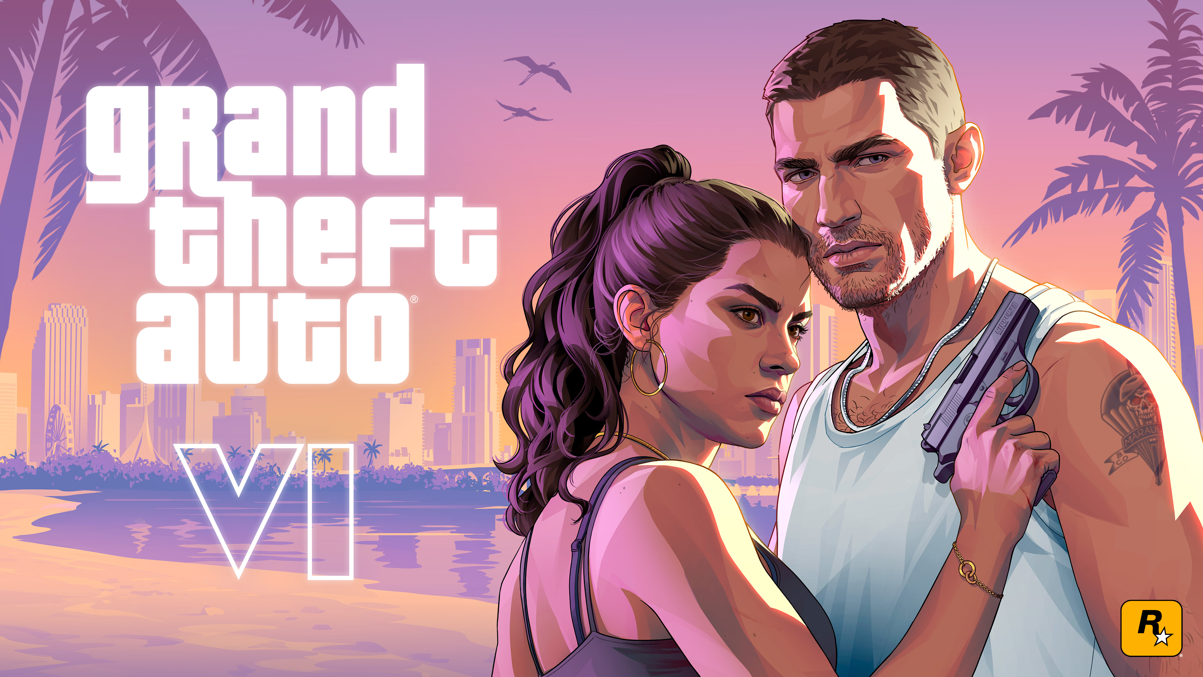 Lucia Caminos and Jason Duval embracing against the Vice City skyline at sunset, official GTA 6 key art.