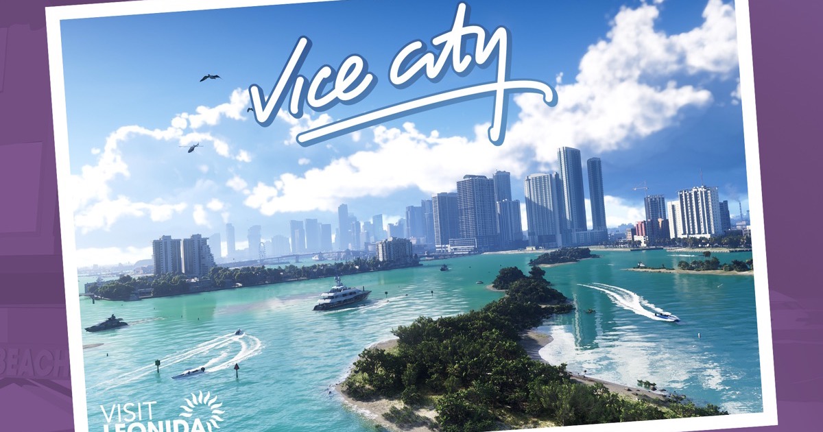Vice City postcard on a violet backdrop, an editorial illustration of Sony's marketing nudge inviting the last PS4 holdouts to switch to PS5 for GTA 6.